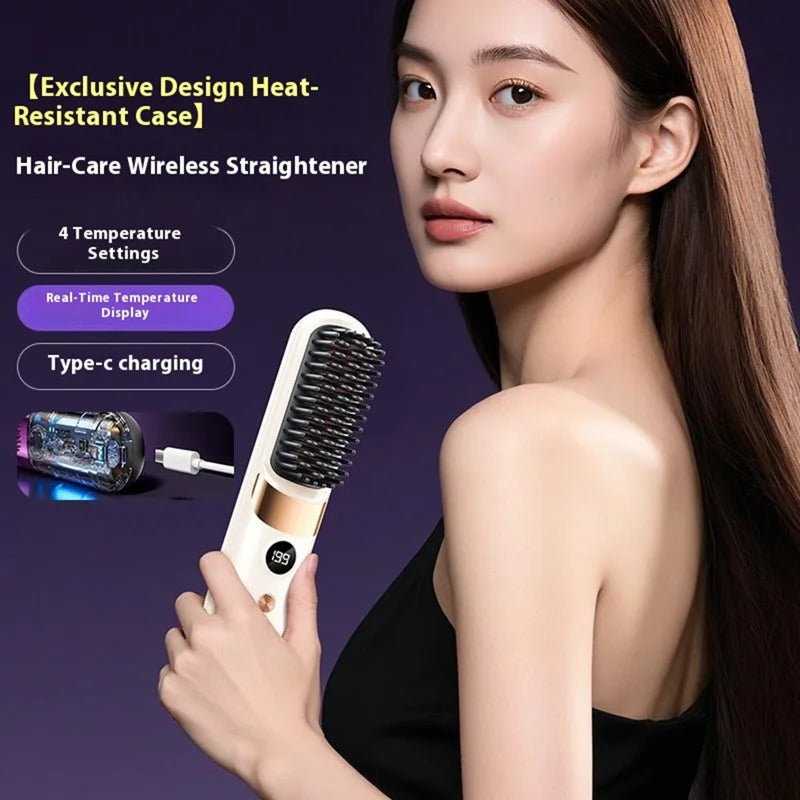 Portable Hair Straightener Brush 2-in-1 Straightening Curling Wireless Comb - Black